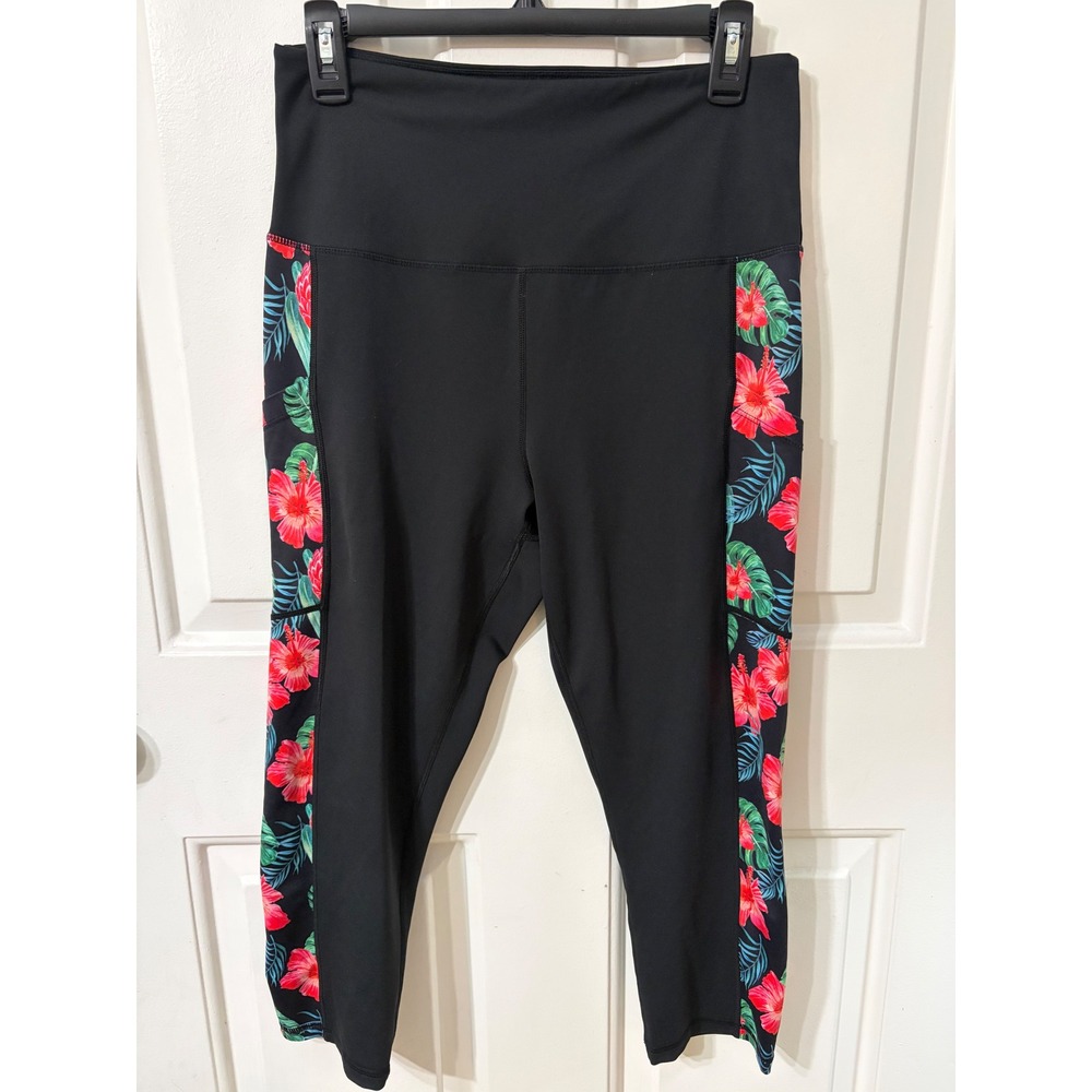 Love Her | Tropical Hibiscus Capri Leggings Pockets | XL || Black|